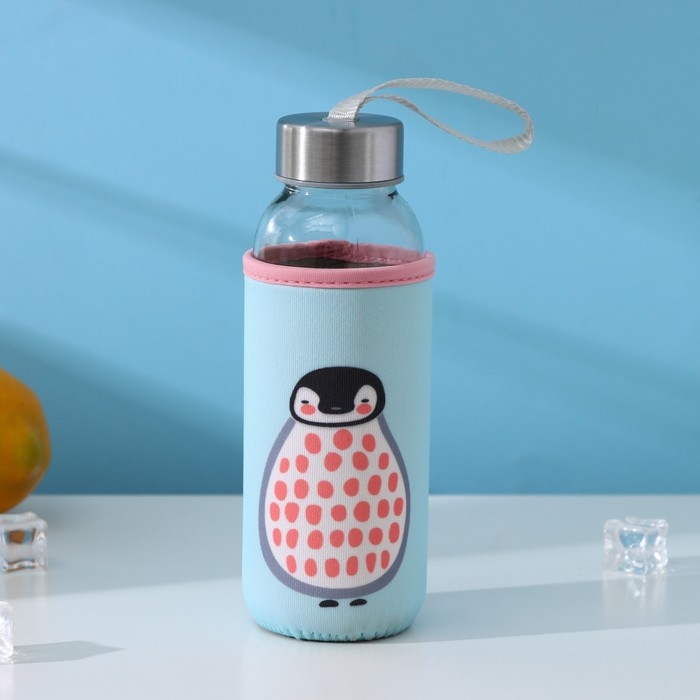 Бутылка для воды стеклянная в чехле &laquo;Весёлые зверята&raquo;, 300 мл, h=17 см, цвета МИКС