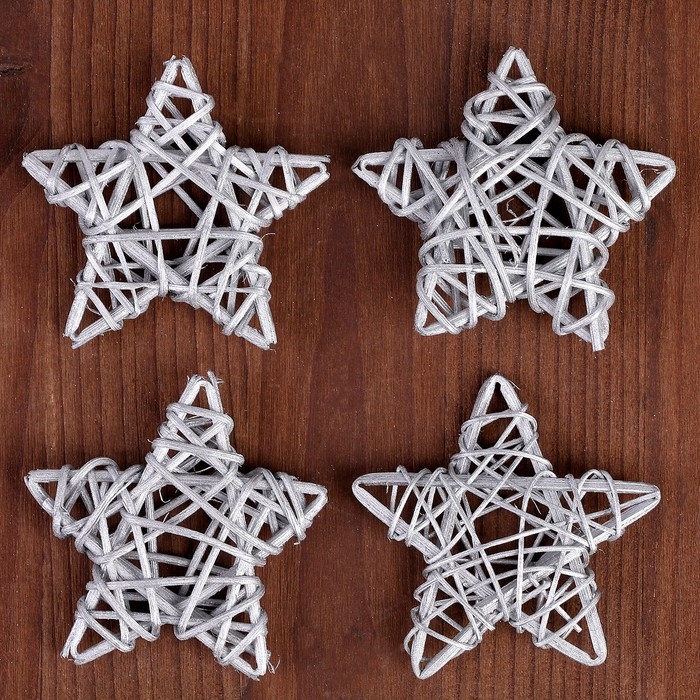 Декор для творчества из лозы &laquo;Звезда&raquo;набор 4 шт., размер 1 шт. &mdash; 6,5 см, цвет серебро