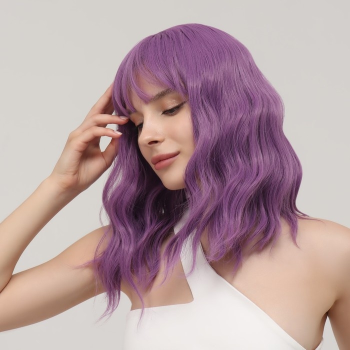 Парик искусственный, с чёлкой, каре имитация кожи, 40 см, 160 гр, цвет сиреневый