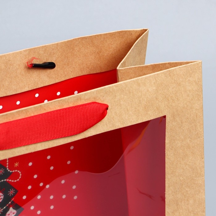 Пакет подарочный новогодний крафтовый с пластиковым окном &laquo;Новогодняя ёлка&raquo;, 24 х 20 х 11см