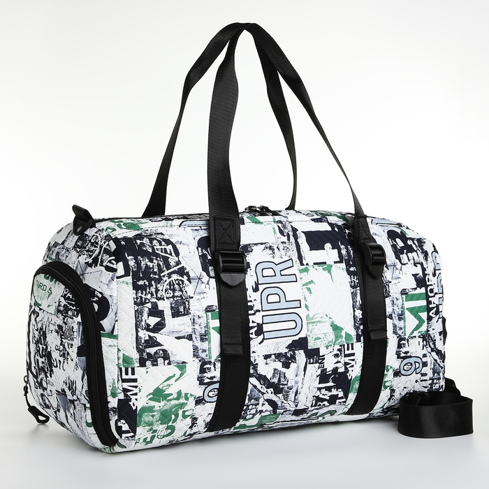 Сумка спортивная на молнии, отдел для обуви, 2 наружных кармана, длинный ремень, средний размер, цвет белый/зелёный Сумка спортивная на молнии, отдел для обуви, 2 наружных кармана, длинный ремень, средний размер, цвет белый/зелёный