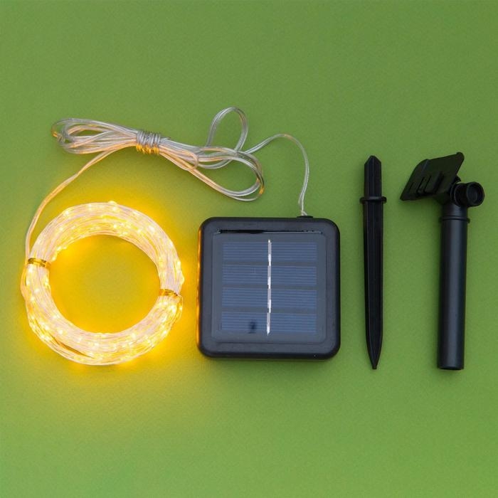 Гирлянда &laquo;Нить&raquo; 20 м роса, IP44, серебристая нить, 200 LED, свечение жёлтое, 2 режима, солнечная батарея