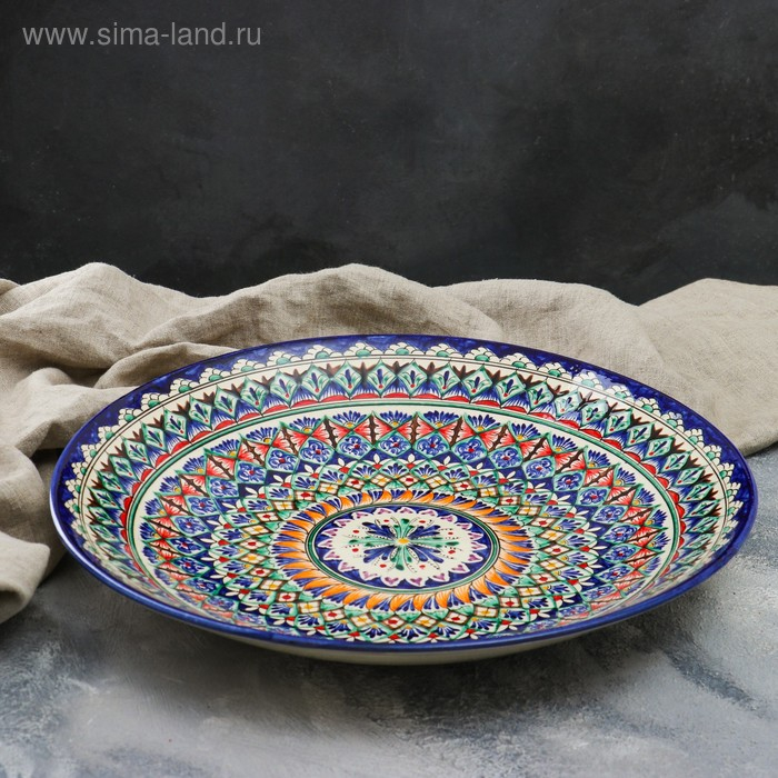 Ляган круглый Риштанская Керамика, 41см, сине-красный, мелкий орнамент Ляган круглый Риштанская Керамика, 41см, сине-красный, мелкий орнамент