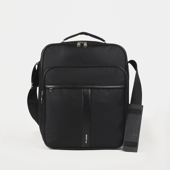 Сумка мужская на молниях RISE, длинный ремень, цвет чёрный