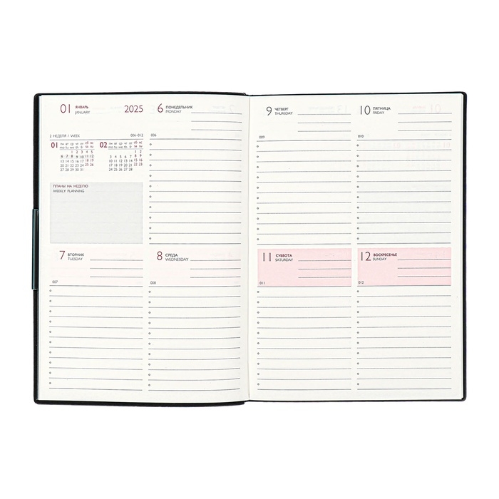 Еженедельник датир 2025г мягк обл иск кож А6+ 80л ESCALADA, тис ф, кр бл 70 г/м&sup2;, чёрный