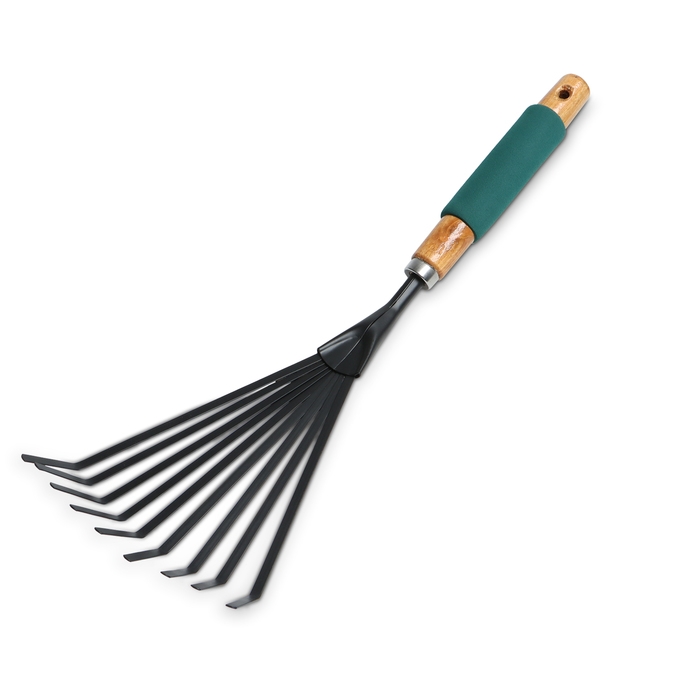 Грабли малые, веерные, пластинчатые, 9 зубцов, длина 42 см, металл, деревянная ручка с поролоном, Greengo