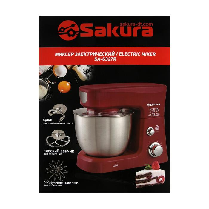 Миксер Sakura SA-6327R, планетарный, 1000 Вт, 3.5 л, 6 скоростей, 3 насадки, красный Миксер Sakura SA-6327R, планетарный, 1000 Вт, 3.5 л, 6 скоростей, 3 насадки, красный