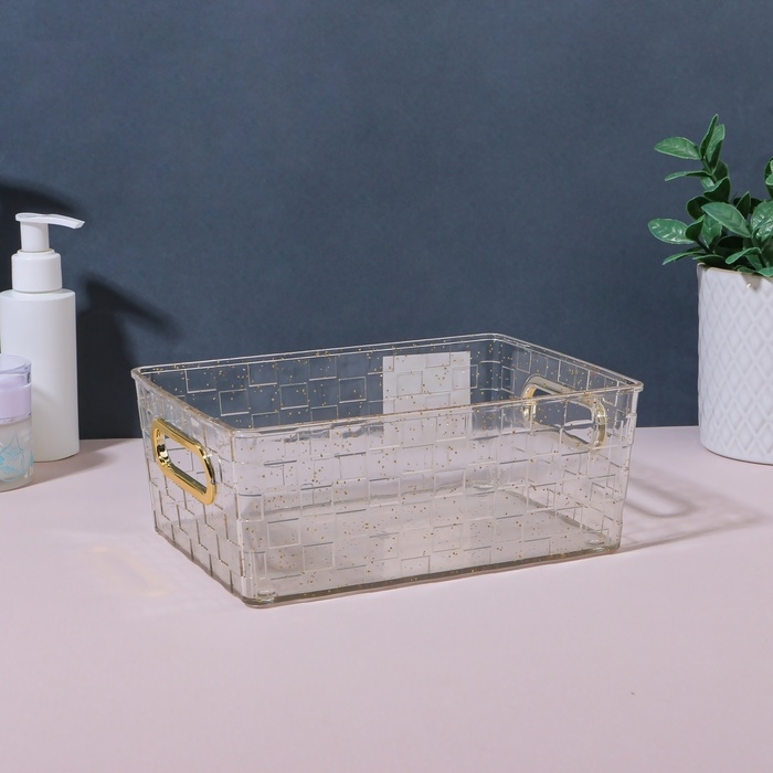 Органайзер для хранения «SHINE», с ручками, 1 секция, 20,5 × 14,5 × 7,8 см, цвет прозрачный/золотистый Органайзер для хранения «SHINE», с ручками, 1 секция, 20,5 × 14,5 × 7,8 см, цвет прозрачный/золотистый