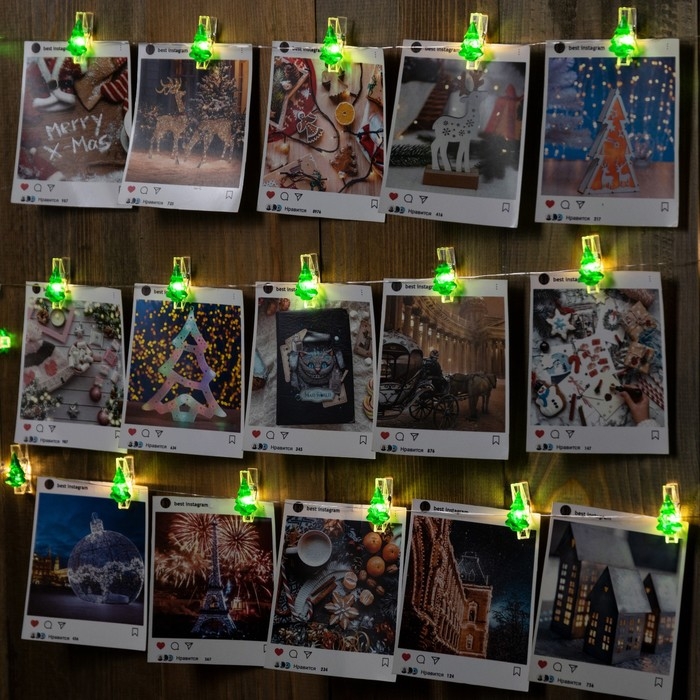 Гирлянда &laquo;Нить&raquo; 2 м роса с насадками &laquo;Прищепки-ёлочки&raquo;, IP20, серебристая нить, 20 LED, батарейки ААх2 (не в комплекте), свечение тёплое белое