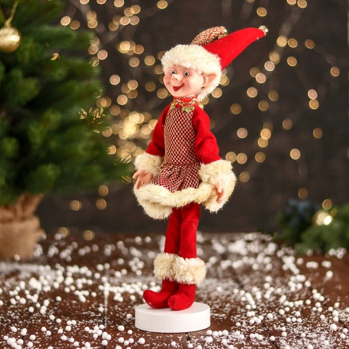 Новогодний шут Новогодний шут "В платье в сеточку и мехом" 30 см, жёлто-красный