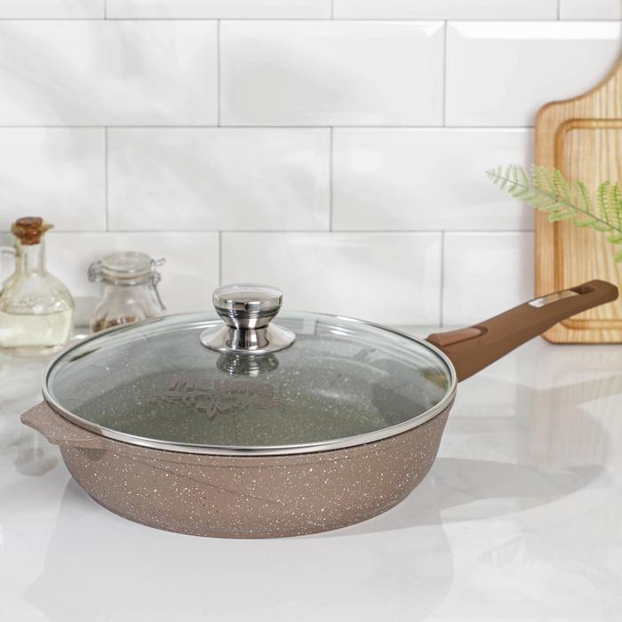 Сковорода &laquo;Гранит&raquo;, d=28 см, съёмная ручка, стеклянная крышка, антипригарное покрытие, цвет коричневый