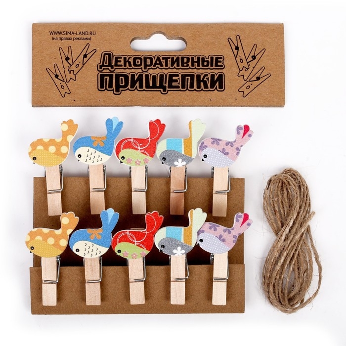 Прищепки декоративные с веревкой для подвеса «Весенние птички» набор 10 шт. Прищепки декоративные с веревкой для подвеса «Весенние птички» набор 10 шт.