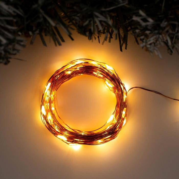 Гирлянда &laquo;Нить&raquo; 10 м роса, IP20, медная нить, 100 LED, свечение тёплое белое, 12 В