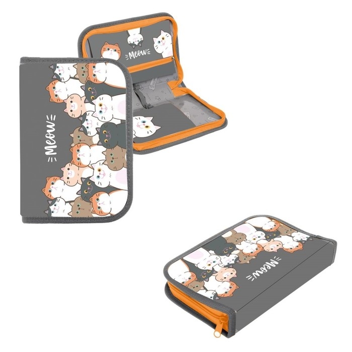 Пенал 1 секция 140 х 210 х 40 мм, откидной карман и косметичка, тканевый, Calligrata TOP Content Пенал 1 секция 140 х 210 х 40 мм, откидной карман и косметичка, тканевый, Calligrata TOP Content "Коты"