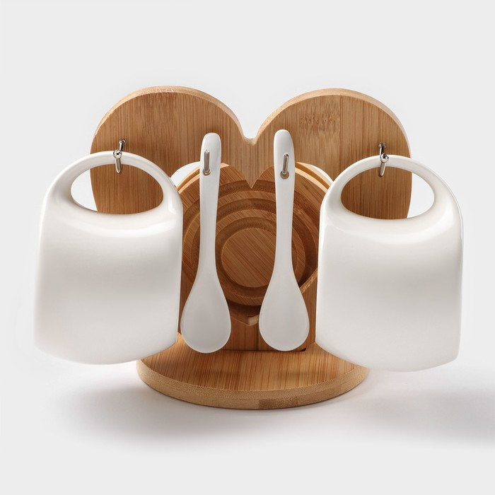 Набор чайный керамический на деревянной подставке &laquo;Эстет&raquo;, 6 предметов: 2 чашки 200 мл, 2 подставки 9,5 см, 2 ложки, цвет белый