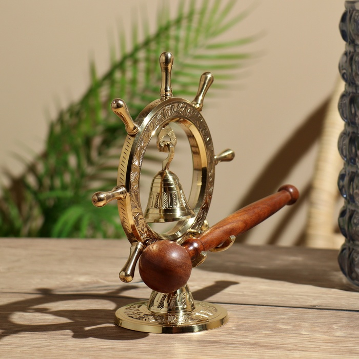 Гонг резной "Штурвал" двухсторонний, с деревянной ручкой 19х7,5х17,5 см