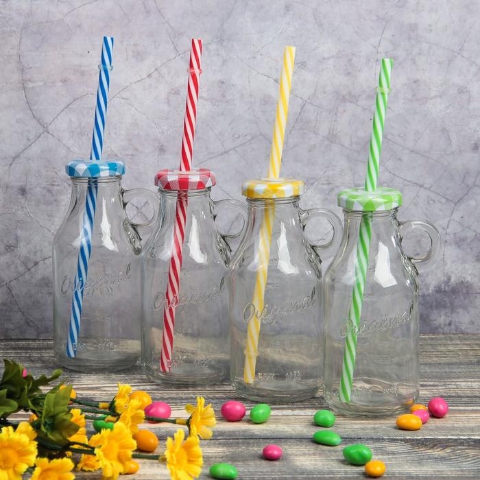 Бутыль стеклянная с крышкой и трубочкой, 200 мл, 7,5×6×14,5 см, цвет МИКС Бутыль стеклянная с крышкой и трубочкой, 200 мл, 7,5×6×14,5 см, цвет МИКС