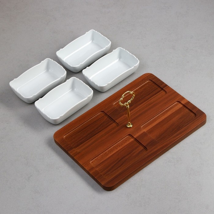 Менажница «Океан», 4 шт: 350 мл, деревянное основание, фарфор, Иран Менажница «Океан», 4 шт: 350 мл, деревянное основание, фарфор, Иран