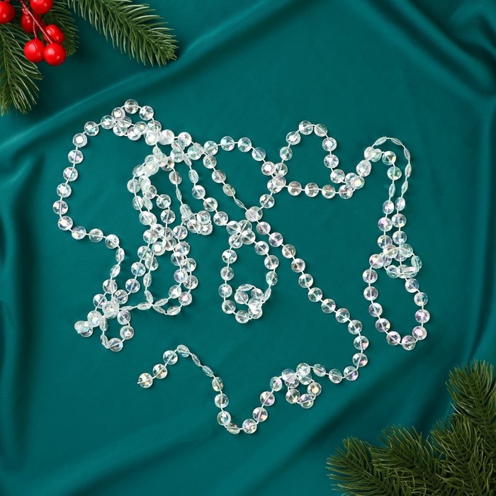 Бусы на ёлку 2,7 м d-10 мм "Льдинка" гранёные диски, прозрачный перламутр