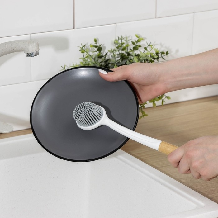 Щётка для посуды Доляна Meli, бамбуковая ручка, двухсторонняя, ворс TPR 1,8 см, 5&times;26,5 см