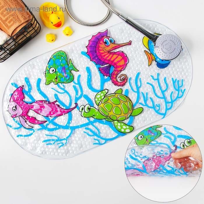 Коврик противоскользящий в ванну на присосках Доляна «Морские жители», 36×68 см Коврик противоскользящий в ванну на присосках Доляна «Морские жители», 36×68 см