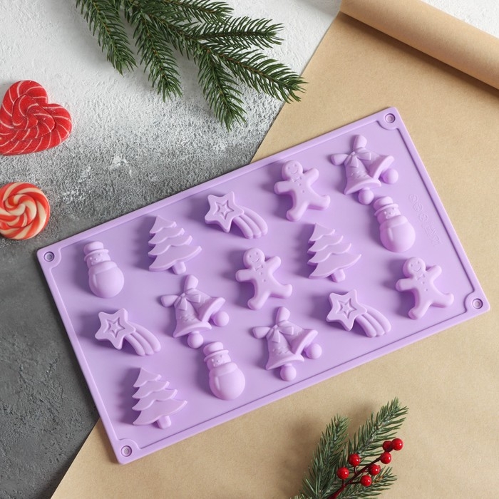 Форма для конфет и шоколада новогодняя Доляна «Ёлочки - иголочки», силикон, 30×17,3×1,3 см, 15 ячеек, цвет сиреневый Форма для конфет и шоколада новогодняя Доляна «Ёлочки - иголочки», силикон, 30×17,3×1,3 см, 15 ячеек, цвет сиреневый