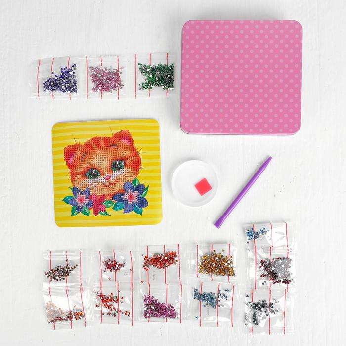 Алмазная мозаика с частичным заполнением на шкатулке &laquo;Котик&raquo;, 14 х 14 см