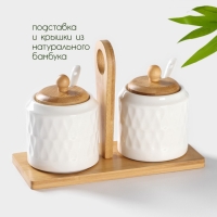 Набор банок фарфоровых для сыпучих продуктов с ложками на бамбуковой подставке BellaTenero «Герда», 2 предмета: 300 мл, цвет белый Набор банок фарфоровых для сыпучих продуктов с ложками на бамбуковой подставке BellaTenero «Герда», 2 предмета: 300 мл, цвет белый