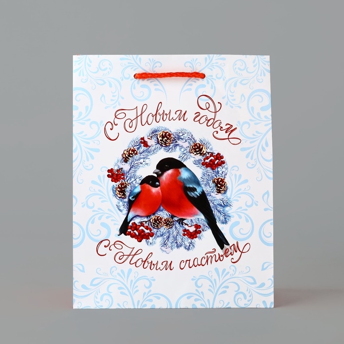 Пакет подарочный новогодний ламинированный &laquo;С Новым годом&raquo;, снегири, MS 18 х 23 х 8 см, Новый год