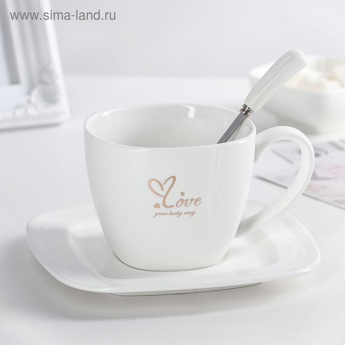 Чайная пара керамическая с ложкой Love, 2 предмета: чашка 380 мл, блюдце d=16 см, цвет МИКС