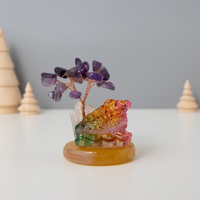 Сувенир стекло, металл Сувенир стекло, металл "Деревце под защитой жабы" 18 камней, фиолетовый 5,5х5,5х9 см