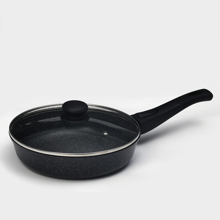 Сковорода Доляна &laquo;Элит&raquo;, d=24 см, пластиковая ручка, стеклянная крышка, антипригарное покрытие, цвет чёрный
