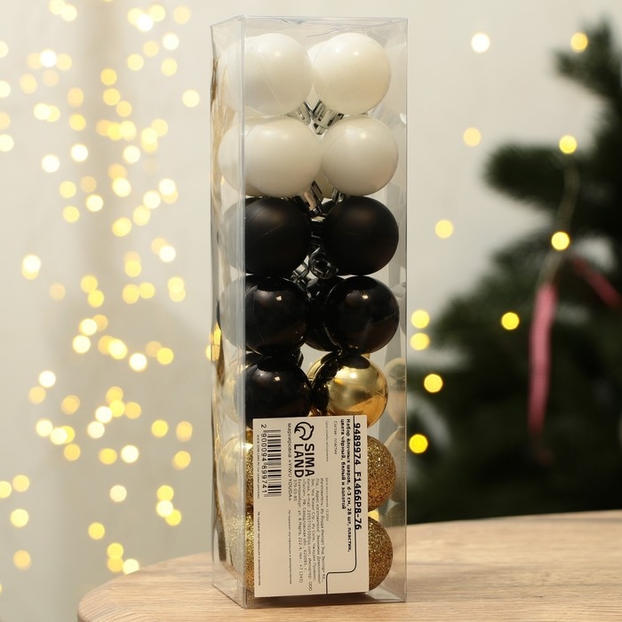 Шары ёлочные новогодние, на Новый год, пластик, d=3 см, 28 шт., цвет чёрный, белый и золотой Шары ёлочные новогодние, на Новый год, пластик, d=3 см, 28 шт., цвет чёрный, белый и золотой