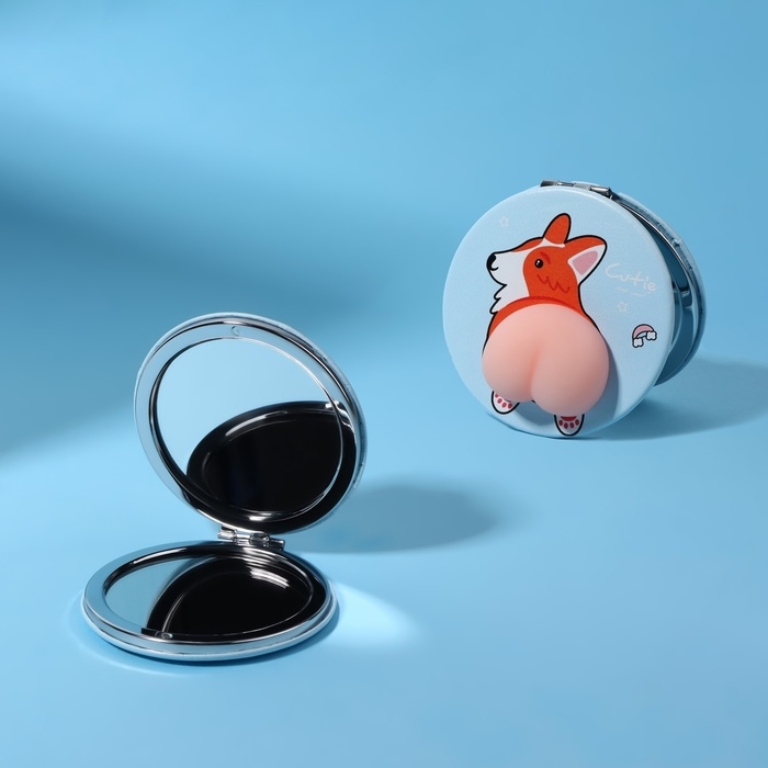 Зеркало - антистресс &laquo;Корги&raquo;, складное, d = 7,2 см, с увеличением, искусственная кожа, цвет голубой