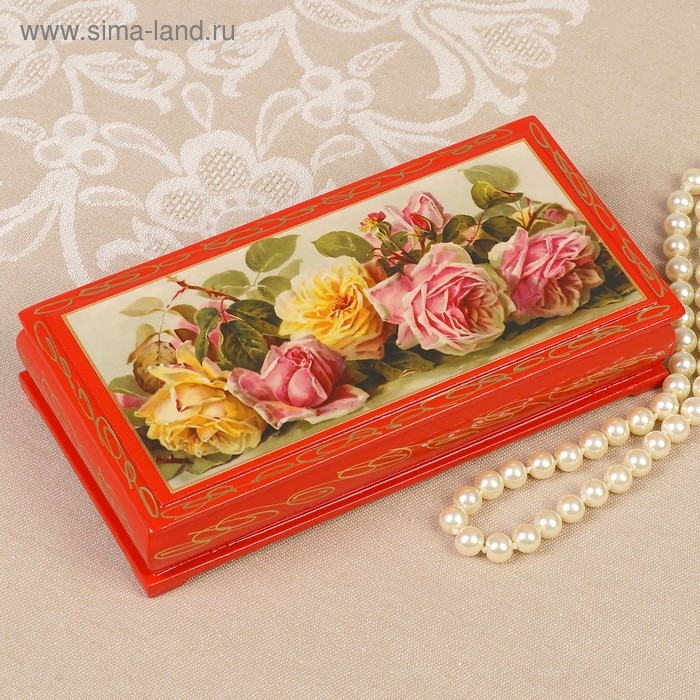 Шкатулка - купюрница &laquo;Розы&raquo;, красная, 8,5&times;17 см, лаковая миниатюра