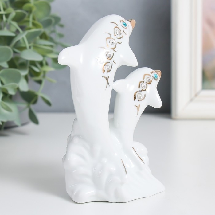 Сувенир керамика "Два белых дельфина на волне" стразы 12 см