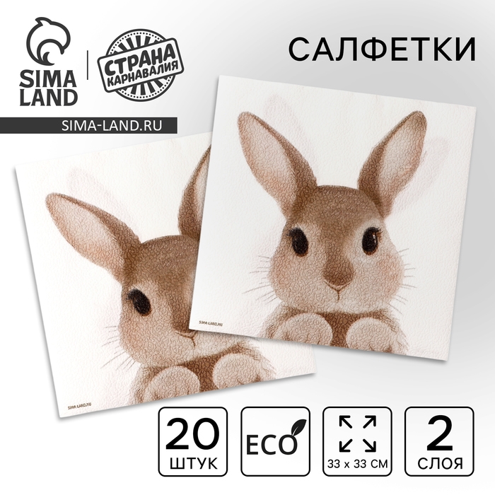 Салфетки бумажные однослойные &laquo;Кролик&raquo;, 33 х 33 см, набор 20 штук