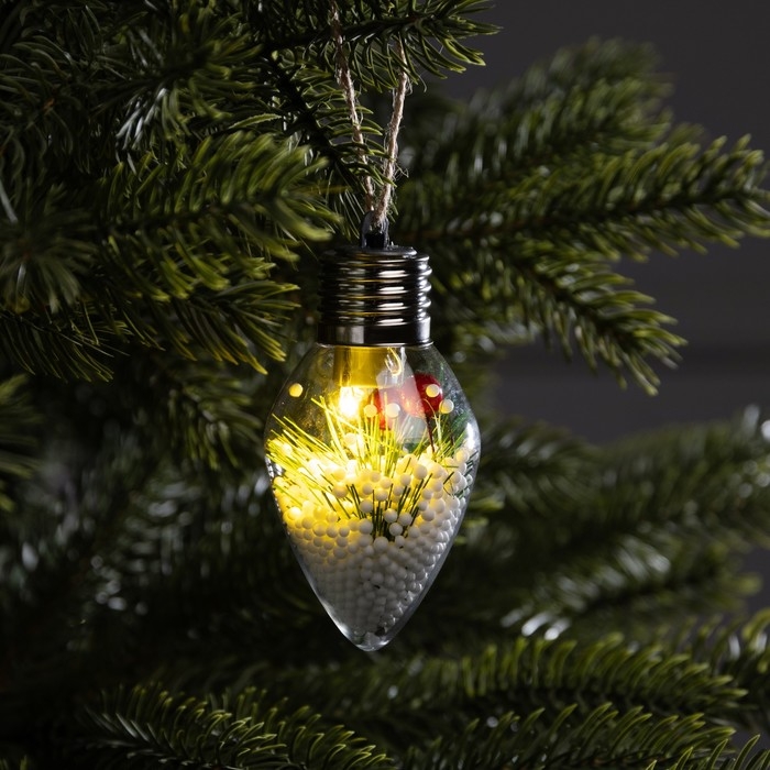 Елочный шар &laquo;Снежная хвоя&raquo; 9x5.5 cм, 1 LED, LR44x3 (в комплекте), свечение тёлое белое