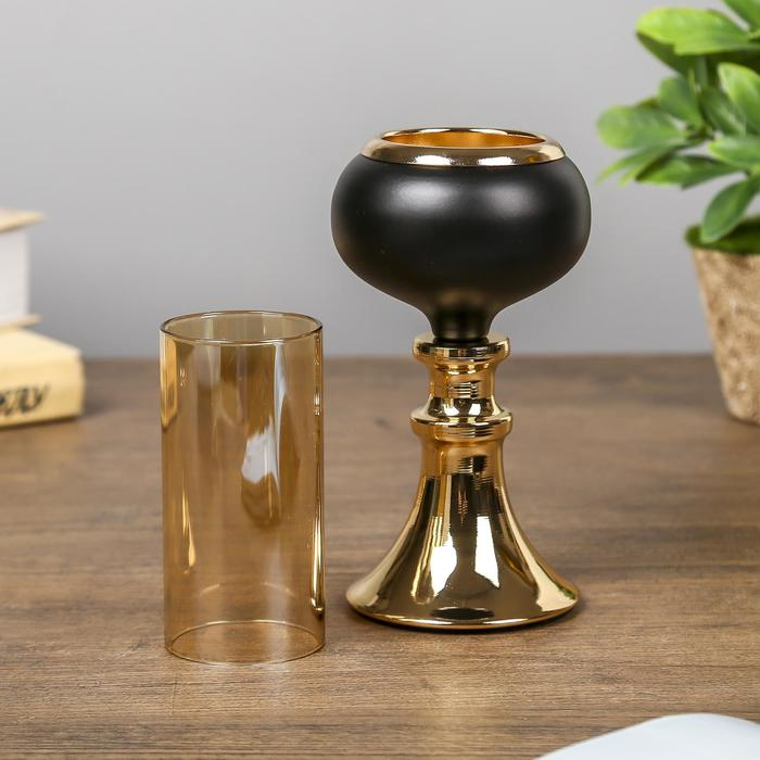 Подсвечник металл, стекло на 1 свечу "Тёмный рыцарь" чёрный матовый с золотом 21х7,5х7,5 см