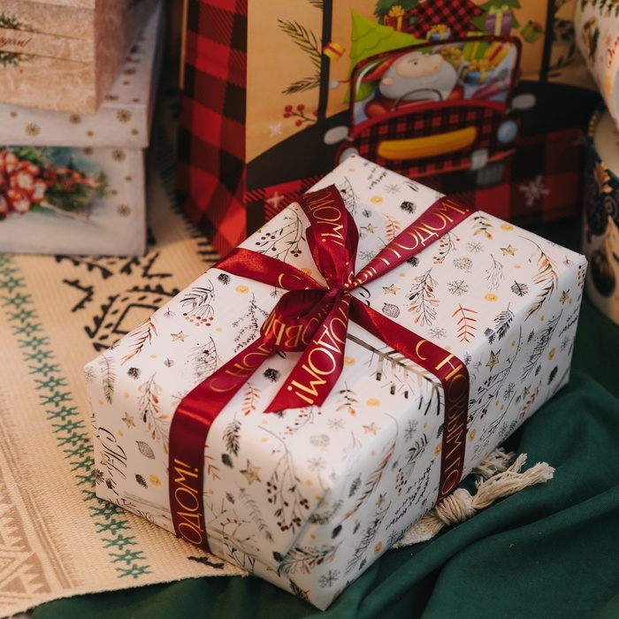 Лента атласная с тиснением &laquo;С Новым годом&raquo;, 25 мм, 23 &plusmn; 1 м, цвет бордовый