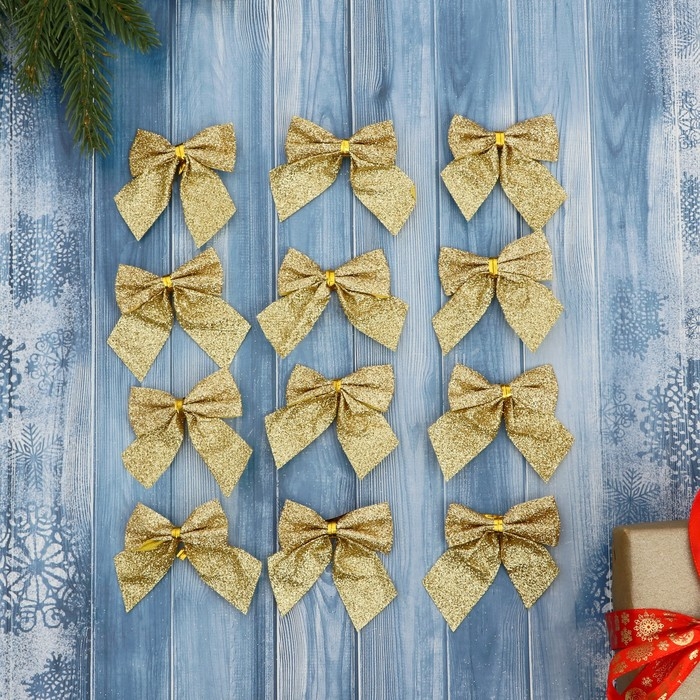 Украшение ёлочное Украшение ёлочное "Бантик с блеском" (набор 12 шт) 4,5х5,5 см, золото