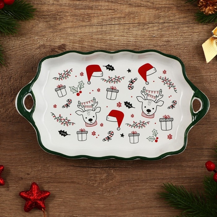 Новый год! Блюдо керамическое &laquo;Новогодние олени&raquo;, 23х13х2.5 см, цвет белый