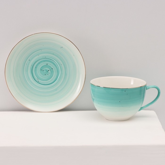 Сервиз фарфоровый чайный Доляна &laquo;Млечный путь&raquo;, 15 предметов: 6 чашек 220 мл, 6 блюдец d=13,5 см, молочник 300 мл, сахарница 350 мл, чайник 1000 мл, цвет бирюзовый