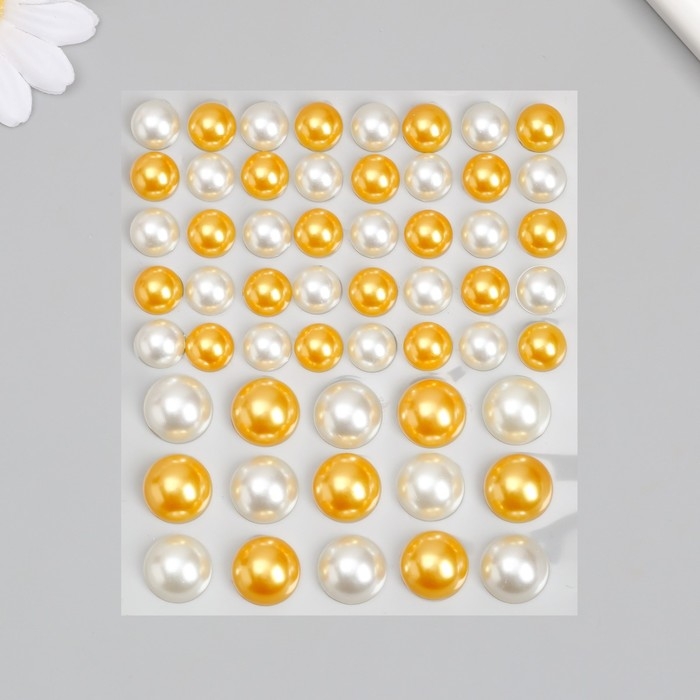 Наклейка пластик стразы "Полужемчужины разных размеров" белые и оранжевые9,5х11 см