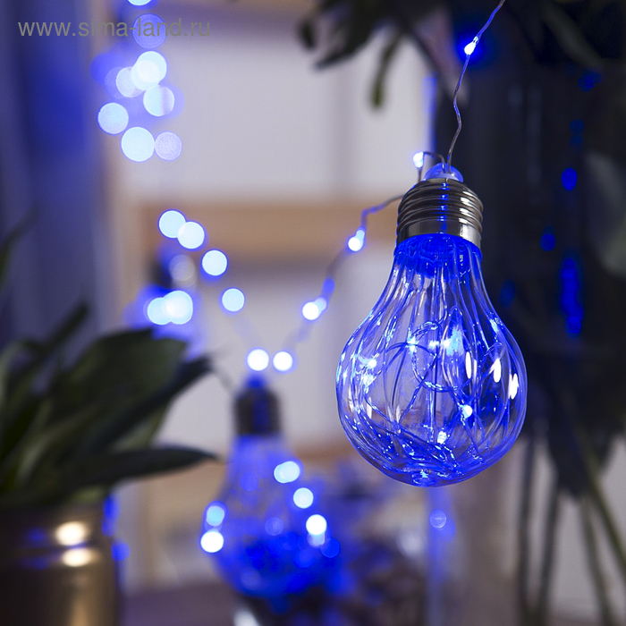 Гирлянда &laquo;Нить&raquo; 3 м роса с насадками &laquo;Лампочки объёмные&raquo;, IP20, серебристая нить, 100 LED, свечение синее, 3.5 В
