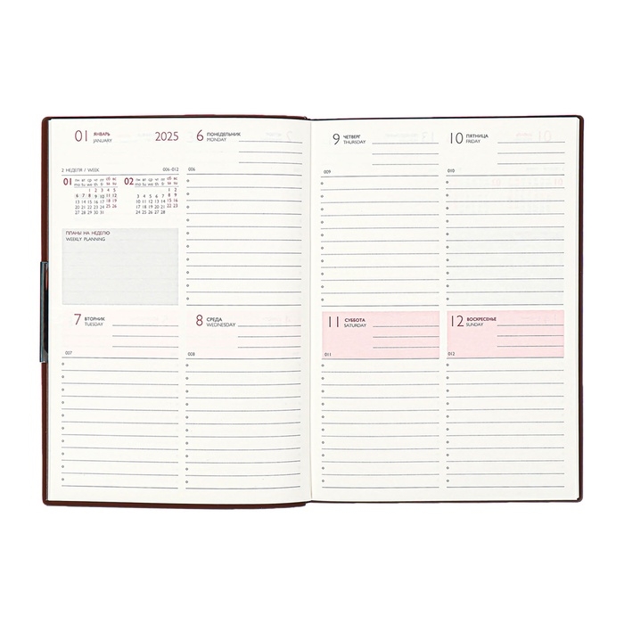 Еженедельник датир 2025г мягк обл иск кож А6+ 80л ESCALADA, тис ф, кр бл 70 г/м&sup2;, кор-ый