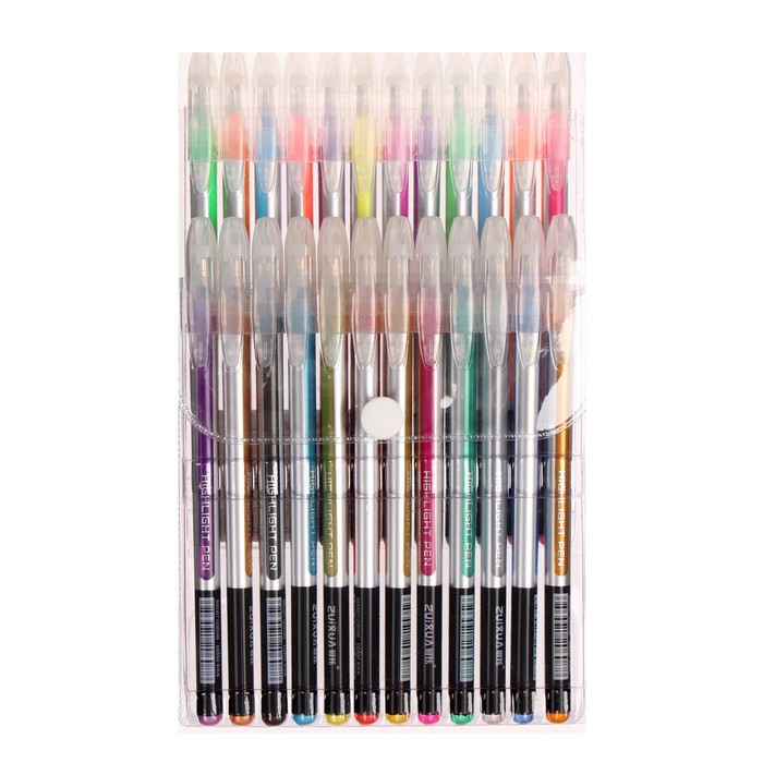 Набор гелевых ручек 24 цвета, корпус серебро в полоску, в блистере на кнопке Набор гелевых ручек 24 цвета, корпус серебро в полоску, в блистере на кнопке