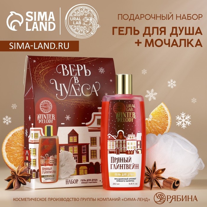 Подарочный набор косметики новогодний, гель для душа 250 мл и мочалка для тела, Новый Год