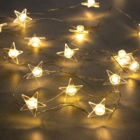 Гирлянда &laquo;Нить&raquo; 2 м роса с насадками &laquo;Звезда&raquo;, IP20, серебристая нить, 20 LED, свечение тёплое белое, 2 режима, ААх2