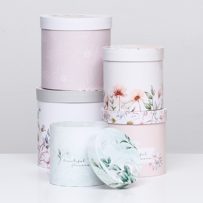 Набор шляпных коробок 5в1 "Цветочный", 20 &times; 20 &times; 20‒14 &times; 14 х 14 см